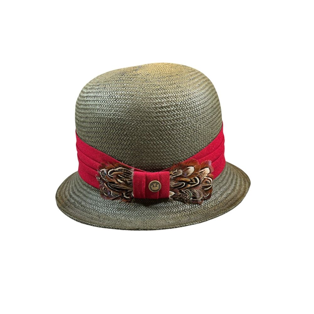 Womens Goorin Bros Olive Green Straw Fedora Trilby Hat Feather Band Small 6